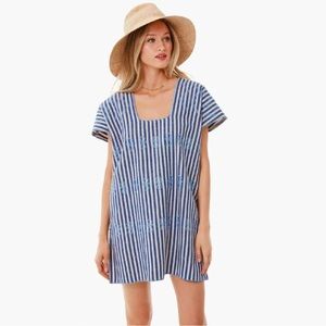 Tuckernuck Sullivan Embroidered Canvas Caftan sz M Blue Stripe Mini Swim Cover